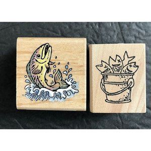 Rubber Stamp Lot Fishing Jumping Trout Splash Fish Pail Bucket Water Sport Hobby